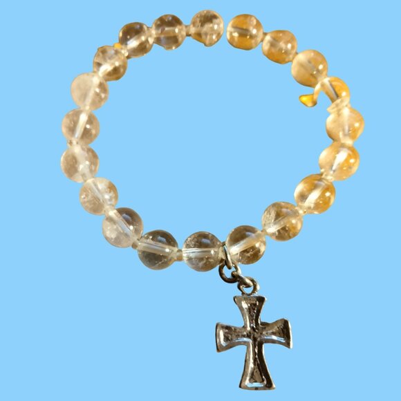 Christian Cross Bracelet Faith Silver Metal Clear Glass Bead Stretch 6 inch - Picture 4 of 5